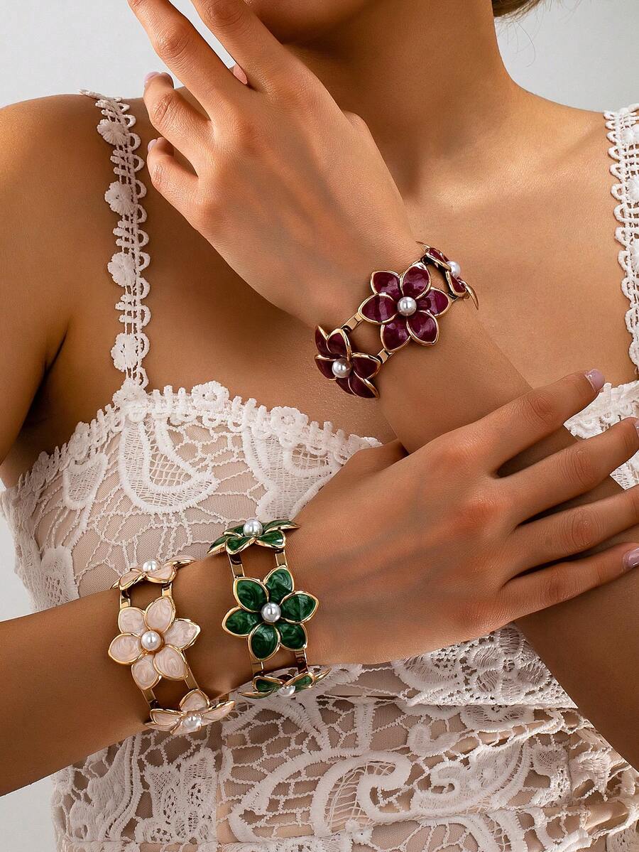 1pc Fashionable Colorful Enamel Geometric 3D Flower Open Cuff Bracelet, Acrylic Faux Pearl Accented Flower Center, Elegant Women's Floral Bracelet, Suitable For Vacation, Party, Banquet Wear - Flower Bracelet - View 1