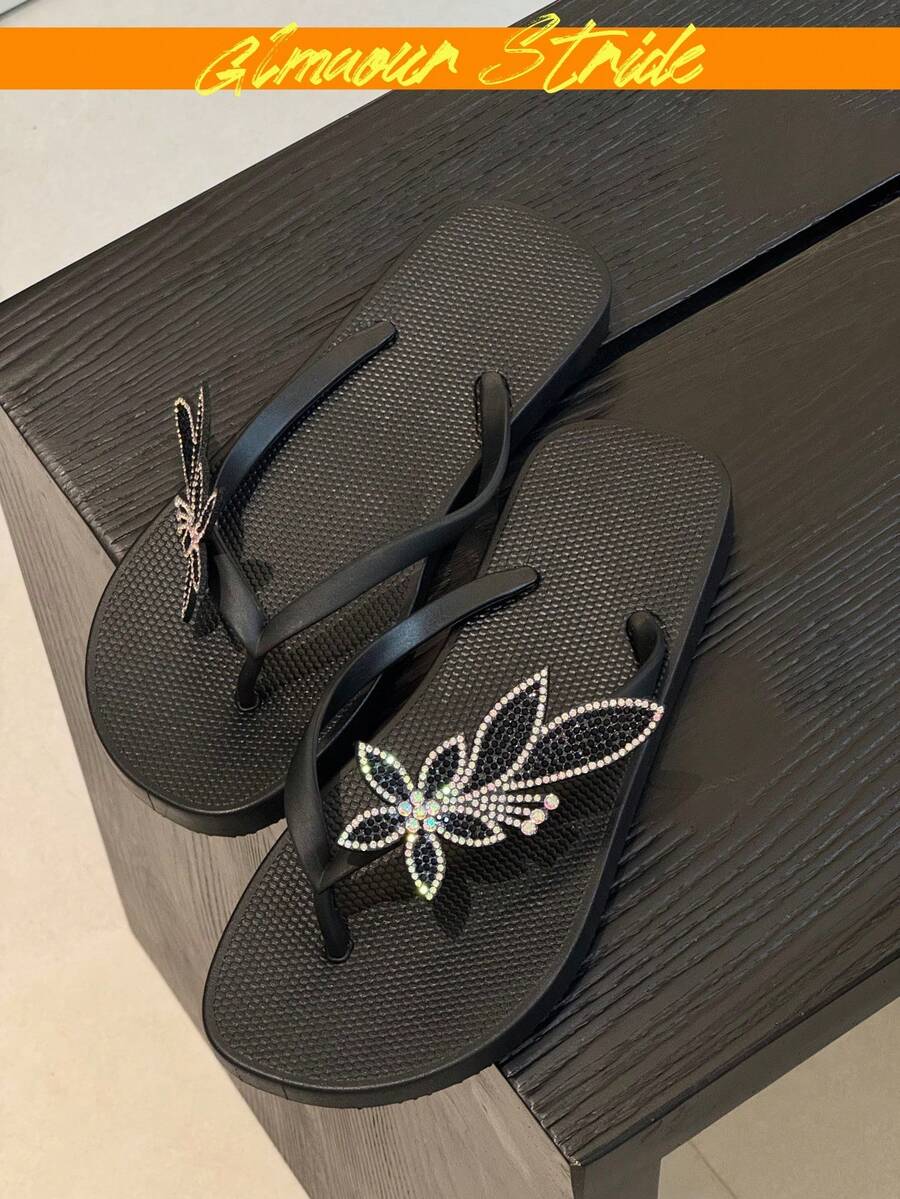 Women's Rhinestone Floral Decor Flip Flops, Black Flat Toe-Post Sandals, Fashionable Summer Beach Vacation Outdoor Shoes - Black - View 1