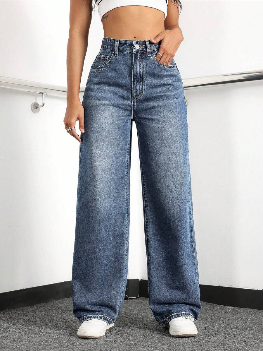 ICON Versatile Solid Color Straight Leg Jeans With Pocket - Dark Wash Blue 6 - View 1