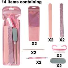 New Glitter High-Quality Nail Tool Set, Each Includes Glitter Nail File, Pink Nail File, Blue-White Polishing Block, Cuticle Pusher, Double-Ended Cuticle Scraper, Cleaning Brush, Full Set Nail Care, Mini Cute Convenient For Travel, Easy For Beginners, Suitable For Nail Art Enthusiasts, Daily Use - Watermelon Pink - View 12
