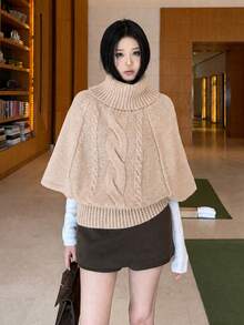 French Style Gentle Elegant Cable Knit Pullover Cape Sleeve Sweater Autumn Loose High Neck Knit Top Women - Khaki - View 3