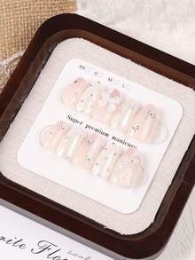 10片中長款棺材形手工穿戴甲,甜美女孩風漸層柔粉裸色亮片假指甲,飾有3D白色蝴蝶結、迷你銀色蝴蝶結、愛心水鑽與珍珠流蘇,適合夏季旅行搭配 - 淺粉色 - 查看 6