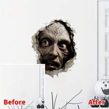 1/3 piezas Pegatinas de pared con cara de zombi agrietada y aterradora, calcomanías removibles e impermeables de pared rota de terror, decoración de casa embrujada espeluznante para Halloween, dormitorio, puerta, interior del hogar, regalo - Pegatinas de terror - Ver 5