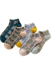 5 Pairs Floral Print Socks, Vintage Palace Style 3D Textured Short Socks, Women's Socks And Hosiery - Multicolor - View 2