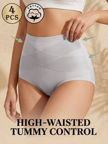 MEIYATING 4pcs/Pack Women's Mid-To-High Waist Cotton Panties, Tummy Control, Butt Lifting, Triangle Briefs, Cross-Waist, Fitted - Grey - View 6