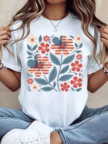 Camiseta de Diseño Floral Patriótico para Mujer, Top Casual de Verano, Estampado de Flores y Bandera Americana, Corte Holgado, Color Blanco - Blanco - Ver 1