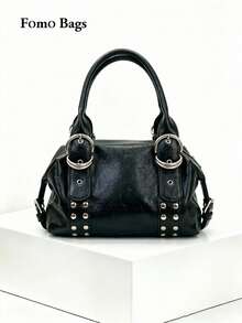 Korean Niche Design Ins Style Fashion Minimalist Rivet Handbag Shoulder Bag Underarm Bag For Women, Textured Large Capacity Commuter Daily Shopping Versatile Hot Girl Motorcycle Underarm Shoulder Bag - Black - View 1