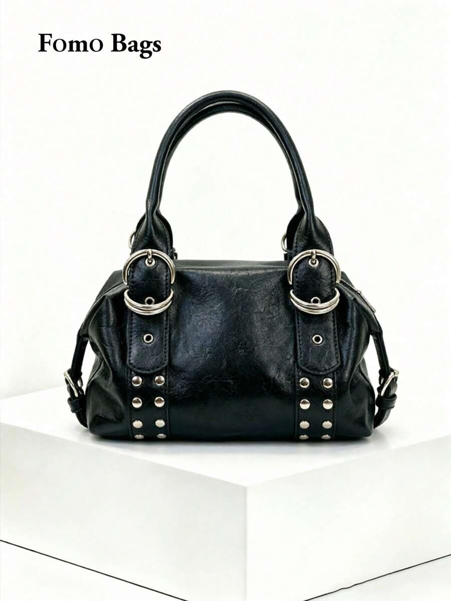 Korean Niche Design Ins Style Fashion Minimalist Rivet Handbag Shoulder Bag Underarm Bag For Women, Textured Large Capacity Commuter Daily Shopping Versatile Hot Girl Motorcycle Underarm Shoulder Bag - Black - View 1