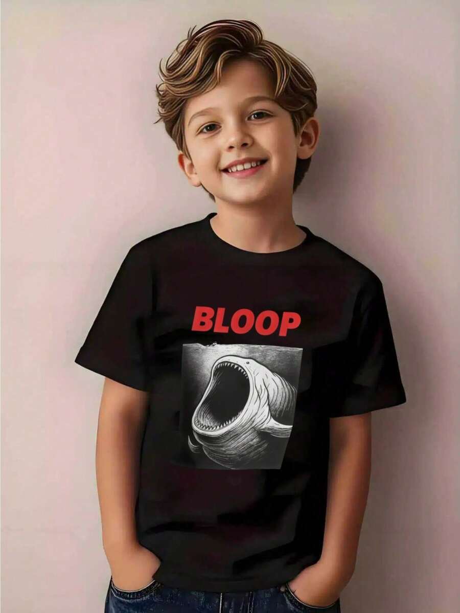 Camiseta unisex de cuello redondo para niños, camiseta moderna para niños con estampado divertido de monstruo marino "BLOOP Deep Sea Giant Maw Legend", estilo oscuro, diseño de moda capricho