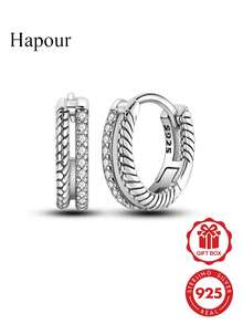 1 Pair Snake Bone Pattern White Zirconia Pave Hoop Earrings Original Design 925 Sterling Silver Women's Earrings Elegant Double Row Hollow Design Classic Jewelry Gift - Silver - View 7