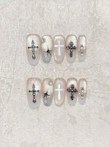 Y2K Gothic Style 5pcs Handmade Oval Nail Art Stickers, Cream White Glossy Cat Eye Design With Cross Stickers And Rhinestone Decor, Cool And Edgy, Suitable For Party, Date And Daily Wear, Wearable Acrylic Nail Art Set Nails - White - View 1