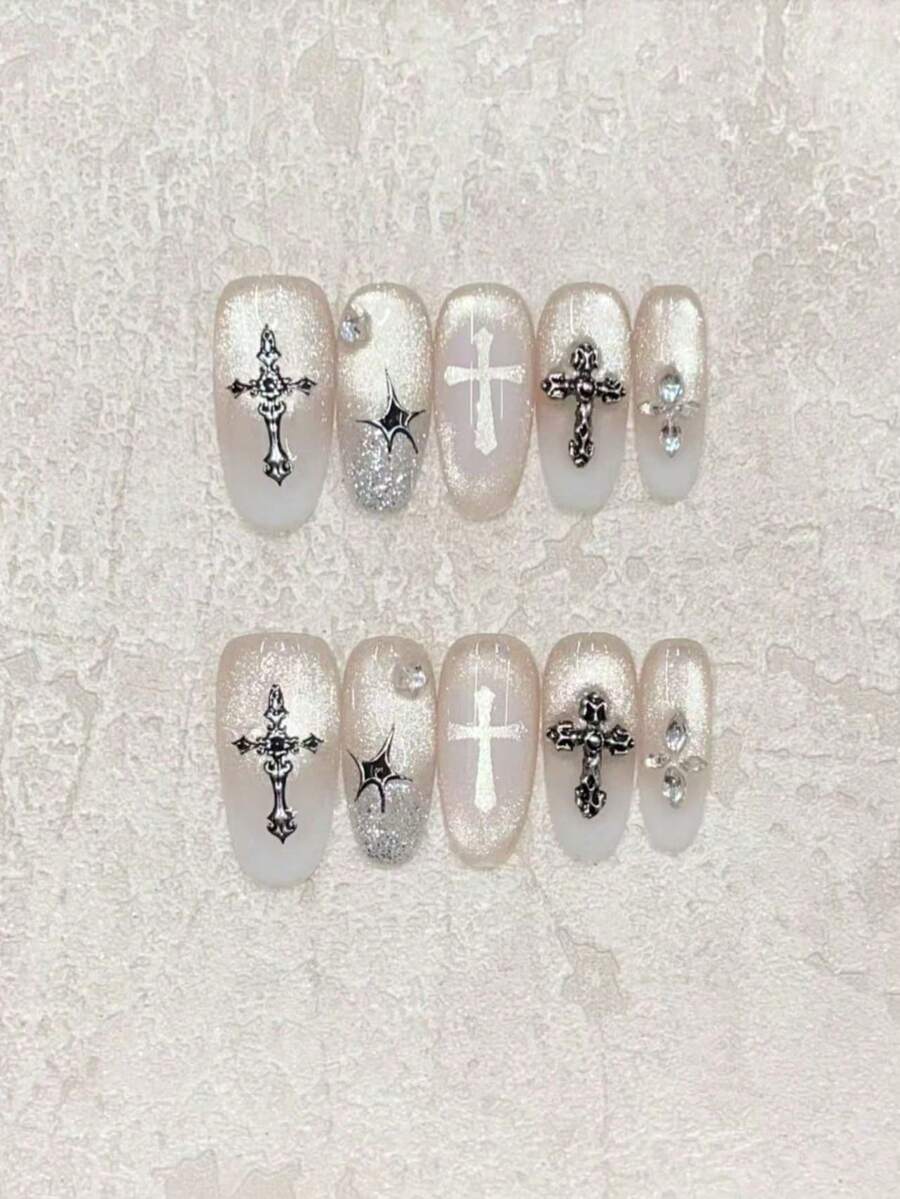 Y2K Gothic Style 5pcs Handmade Oval Nail Art Stickers, Cream White Glossy Cat Eye Design With Cross Stickers And Rhinestone Decor, Cool And Edgy, Suitable For Party, Date And Daily Wear, Wearable Acrylic Nail Art Set Nails - White - View 1