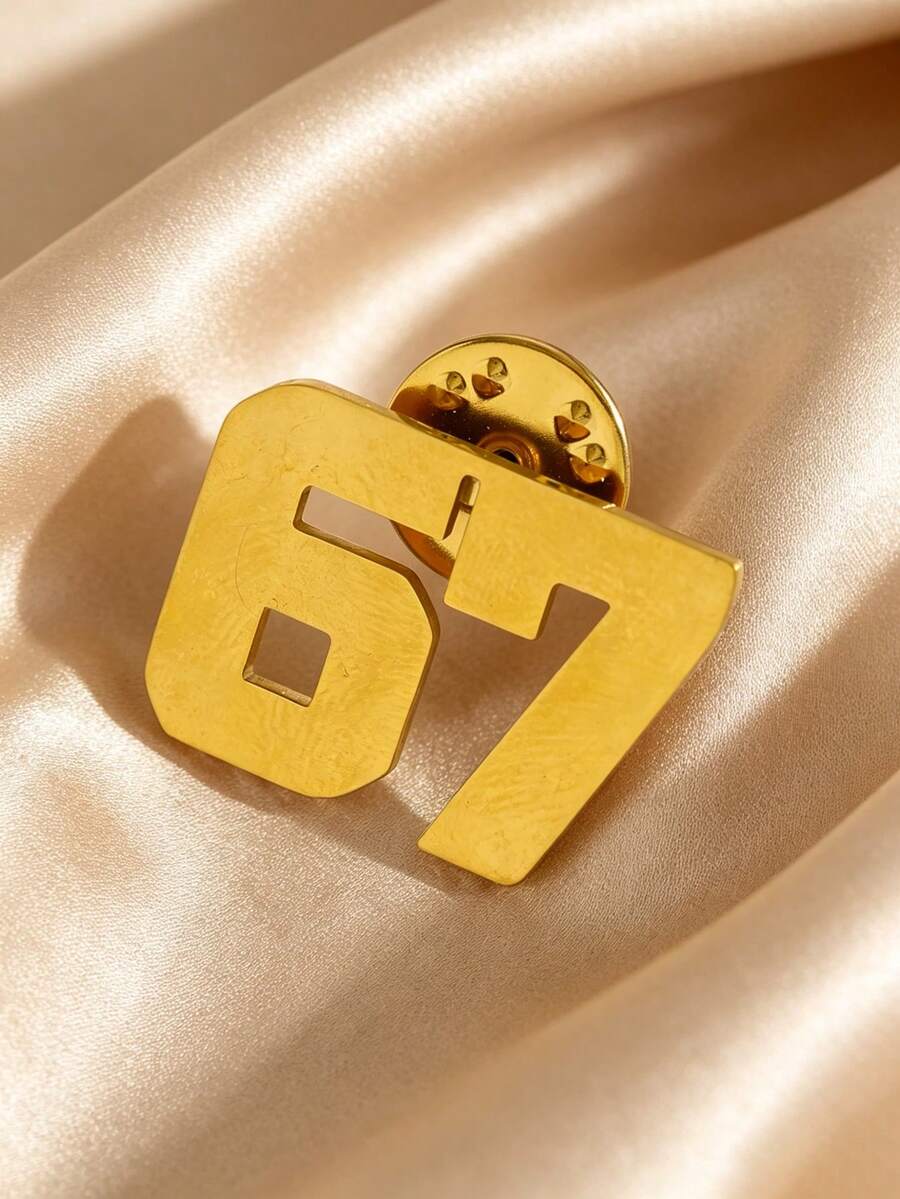 創意新款「67」數字 304 不鏽鋼胸針,休閒百搭嘻哈個性配件,金/銀色不鏽鋼飾品,適合女性日常佩戴 - 金黃色 - 查看 1