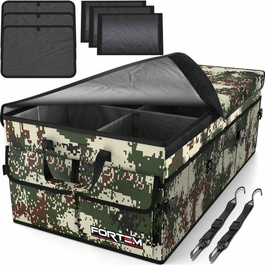 FORTEM Car And SUV Trunk Organizer - Car Storage Organizer - Large Foldable Box With 2 Compartments - Non-Slip Base - Adjustable Straps - Removable Lid (Black) - 迷彩(森林迷彩) - 查看 1