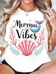Oversize Playera Estampado Sirena Cute Marina Manga Corta Cuello Redondo Moda Juvenil Estilo Japonés Kawaii Urbano Gráfico Uso Diario Aesthetic - Blanco - Ver 1