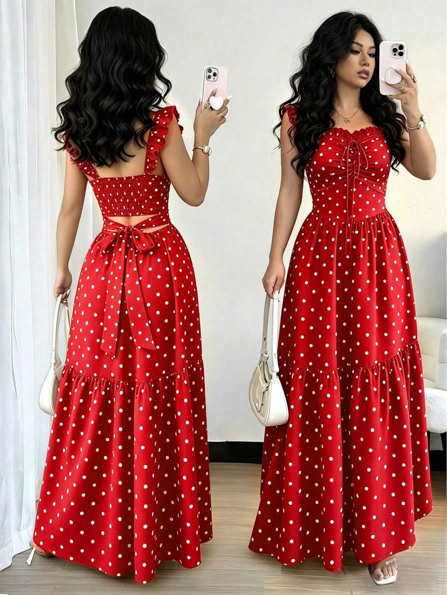 Women's Casual Summer Dress With Polka Dot Print, Bohemian Style, Loose Fit, Mid-Length, For Beach Vacation - 水藍色 - 查看 1