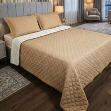 Single/Queen Double-Sided Bedspread Set With Sherpa Alaska 03 Pieces - Premium Soft Touch - Hazelnut - View 1