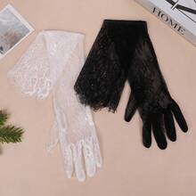 1 Pair Long Lace Gloves, Thin Transparent Material, Floral Pattern, Tulle Fabric, Bridal Gloves, Nightclub Autumn Accessory - Black - View 1