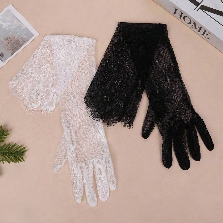 1 Pair Long Lace Gloves, Thin Transparent Material, Floral Pattern, Tulle Fabric, Bridal Gloves, Nightclub Autumn Accessory - Black - View 1