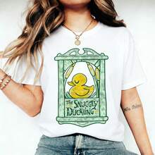 Cute Duck Print T-Shirt, Short Sleeve, Round Neck, Retro Vintage Style, Youthful Fashion Streetwear Novelty Women's Clothing - 白色 - 查看 1