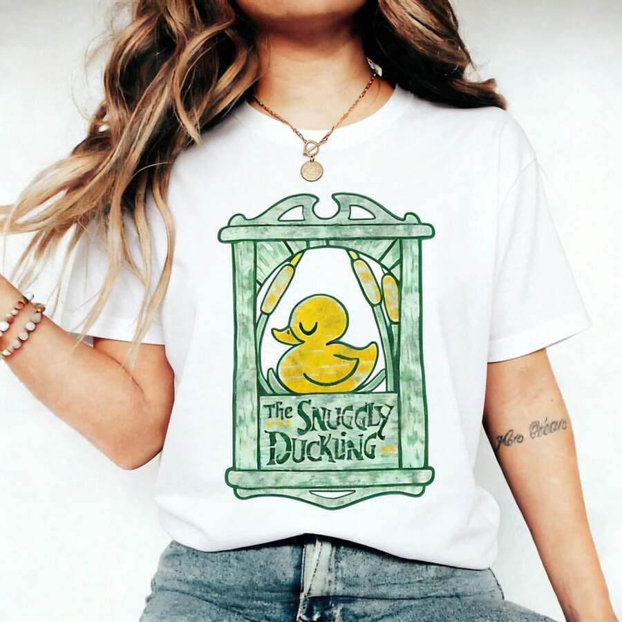Cute Duck Print T-Shirt, Short Sleeve, Round Neck, Retro Vintage Style, Youthful Fashion Streetwear Novelty Women's Clothing - 白色 - 查看 1