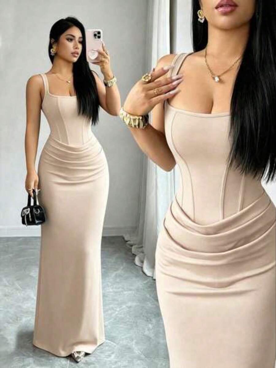 Nuevo vestido de verano sexy, vestido negro ajustado con cuello cuadrado francés, ribete con falso boning, silueta de sirena, detalle de dra - Albaricoque - Ver 1