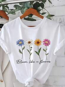 sual de Manga Corta para Mujer de Talla Grande - Estampado Floral y Letras "Bloom Like a Flower", Cuello Redondo, Diseño Vibrante Lavable a Máquina, Ropa Festiva y Versátil para el Día a Día - Negro - Ver 2