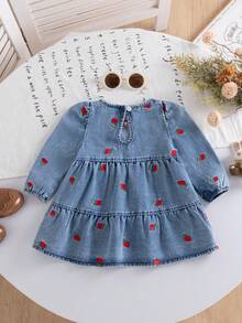 Infant Girl Sweet Cherry Dress, Round Neck Puff Long Sleeve Design, Cuffed Lantern Sleeves, Layered Ruched Cake Skirt Hem, Exquisite All-Over Red Cherry Embroidery Decoration, Soft Washed Fabric, Skin-Friendly Breathable Comfortable, Spring/Autumn New Versatile Princess Style, Daily Outings, Holiday Photo Outfits, Cute Baby Clothes Popular In Europe, America And Middle East - Light Wash - View 2