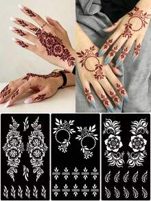 3pcs/Set Hana Hand-Drawn Hollow Tattoo Stencils, Floral Pattern Nail Art Tattoo - Sexy Floral Design, Suitable For Hands, DIY Painting, Ink, Reusable Mehndi Design Template Stickers - Black - View 1