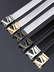 Ceinture pour homme à boucle automatique avec lettre V, noir et blanc, personnalisée, pour le travail, la taille, les pantalons, couleur unie, décontractée, pour les jeunes, la maison, les fêtes et les voyages, 120 cm, 1 pièce - Noir - Voir 1