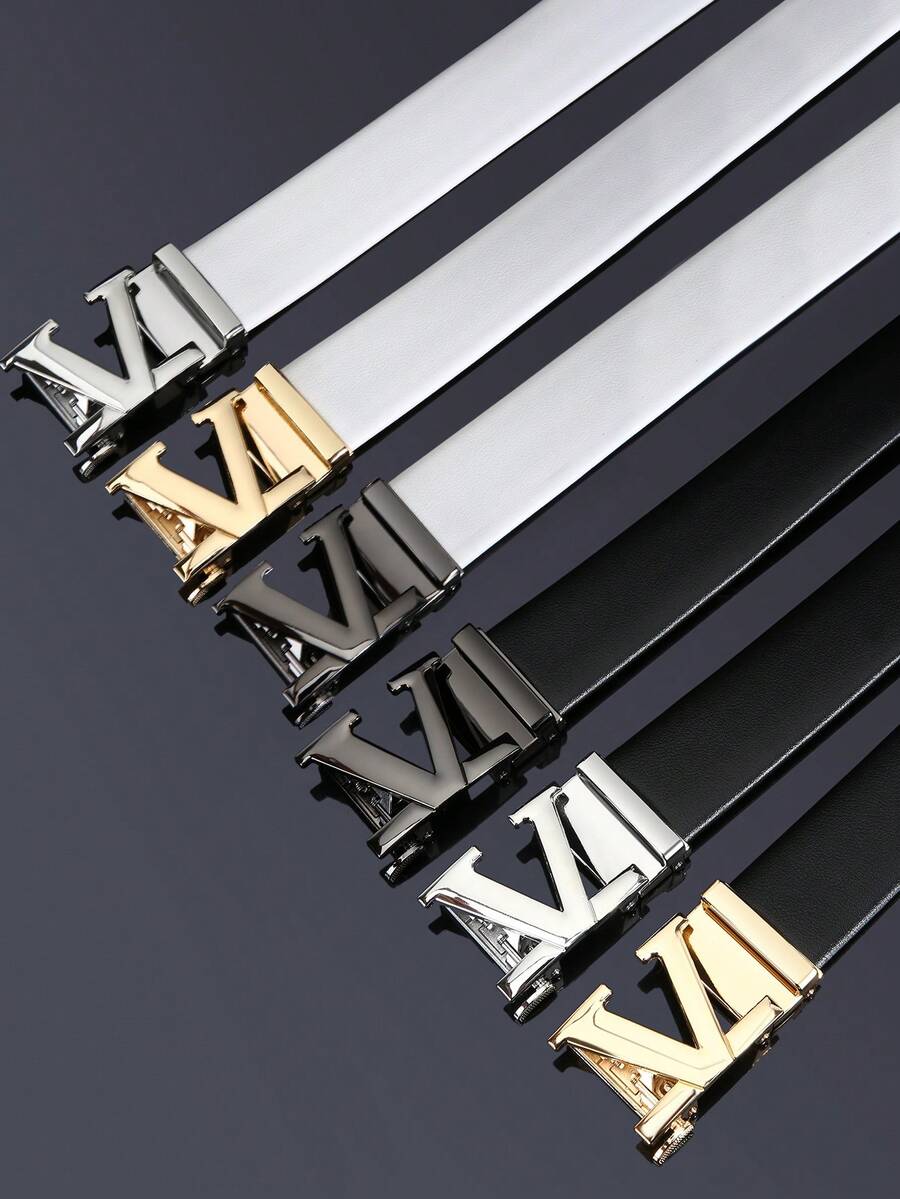 Ceinture pour homme à boucle automatique avec lettre V, noir et blanc, personnalisée, pour le travail, la taille, les pantalons, couleur unie, décontractée, pour les jeunes, la maison, les fêtes et les voyages, 120 cm, 1 pièce - Noir - Voir 1