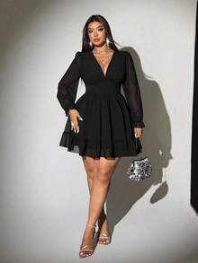 Viva Relle Vestido sexy con cuello en V profundo y dobladillo con volantes para tallas grandes - Celeste - Ver 5