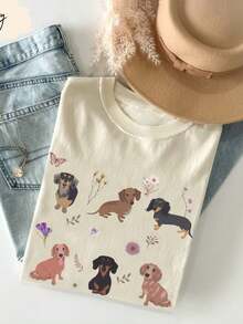 Y2K Women's Casual Summer T-Shirt  Women's Casual Round Neck Short Sleeve Dog Print T-Shirt, Women's Everyday Graphic Tees For Spring - 杏色 - 查看 1