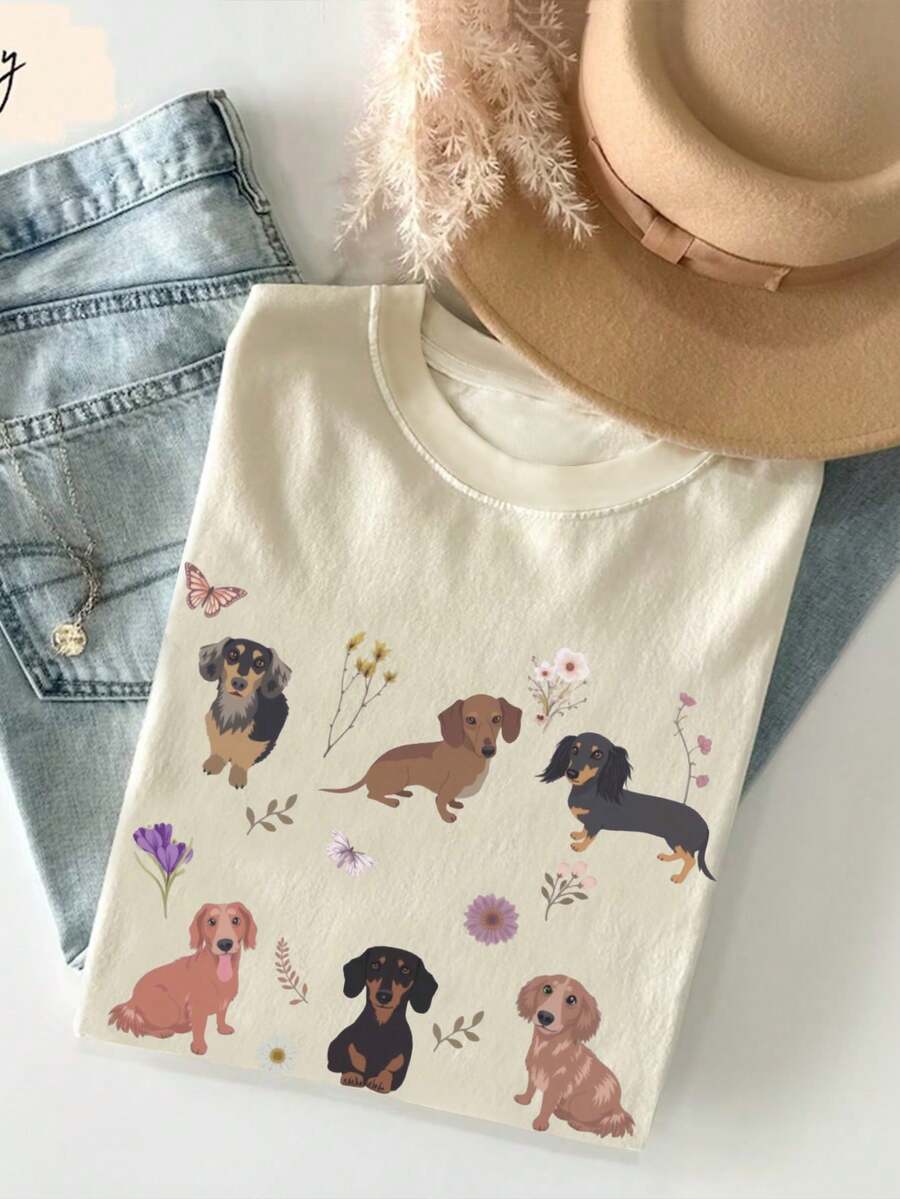Y2K Women's Casual Summer T-Shirt Women's Casual Round Neck Short Sleeve Dog Print T-Shirt, Women's Everyday Graphic Tees For Spring - 杏色 - 查看 1