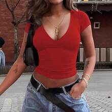Nueva camiseta de manga corta con cuello en V, estilo ajustado para mujer, moda de chica atractiva. - Blanco - Ver 3