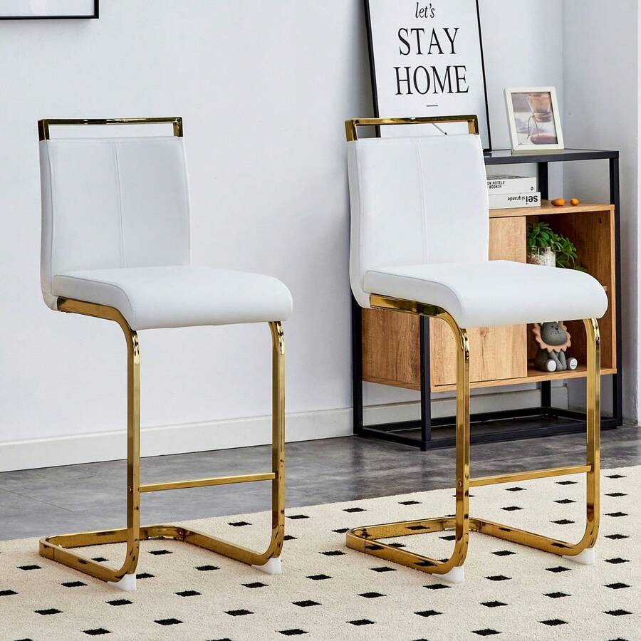 Juego de 2 taburetes de bar de estilo nórdico / Juego de 2 taburetes de bar de PU / Diseño único y construcción estable / Capacidad de carga de 120 kg / Adecuado para comedor, cocina y patio - Blanco + Oro - Ver 1