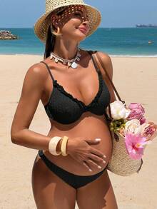 Conjunto de Traje de Baño de Maternidad con Tela Texturizada Floral Amarilla para Vacaciones de Verano en la Playa 26SS - Negro - Ver 12