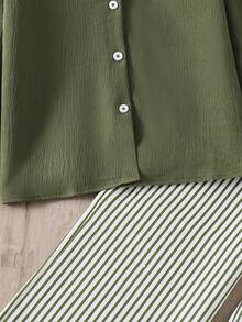 Left Mama Girls Casual Minimalist Long Sleeve Shirt & Striped Straight Leg Pants Set, Spring/Autumn - Army Green - View 6