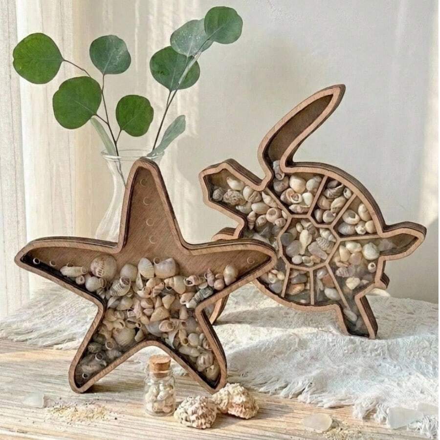 Haus Hana Wooden Star-Shaped Coin Storage Turtle Figurine Star-Shaped Coffee Bean Storage Shell Desktop Decor Shark Storage Box Transparent Storage Display Jar , Study Display, Office Desk Accessories, Home,Room Storage Box - View 1