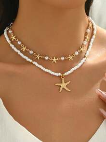 pieza de collar de conchas marinas naturales hecho mano con colgante de estrella de mar en tono dorado, collar de estilo oceánico la moda, adecuado para mujeres, vacaciones, fiestas y - Estrella de mar 2 - Ver 4
