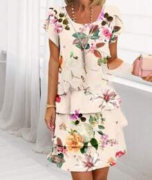 Vestido de gasa de primavera con estampado 3D de manga corta y cuello redondo de , estilo europeo y americano. - flores blanquecinas - Ver 1