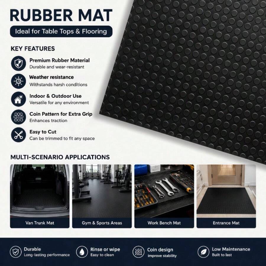 DIY Multi-Purpose Rubber Mat, Table Mat, Floor Mat, With Raised Coin Pattern Design, Durable And Wear-Resistant. It Can Be Cut To Fit The Required Size And Is Suitable For Indoor And Outdoor Table Mats/Floor Mats. - 黑色 - 查看 1