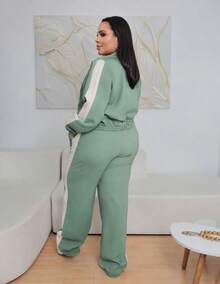 Plus Size Tailored Set With Tie-Front Fabric, Gathered Waist, Zipper, Women's Plus Size Evening, Holiday, Vacation, Diary, Travel, Airport Clothes, Autumn/Winter - 薄荷綠 - 查看 2