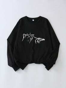Cat Print Round Neck Sweatshirt, Plus Size Women's Casual Autumn/Winter Long Sleeve Sweatshirt Black - Black - View 3