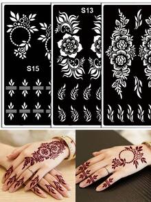 3pcs/Set Hana Hand-Drawn Hollow Tattoo Stencils, Floral Pattern Nail Art Tattoo - Sexy Floral Design, Suitable For Hands, DIY Painting, Ink, Reusable Mehndi Design Template Stickers - Black - View 4