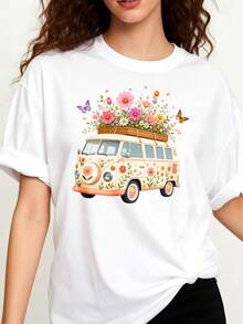 Women's Plus Size Loose Fit T-Shirt, 100% Bohemian Style - With Vintage Van Print, Butterflies And Floral Roof, Round Neck, Casual Summer Top, Ideal For Celebrations - 白色 - 查看 1
