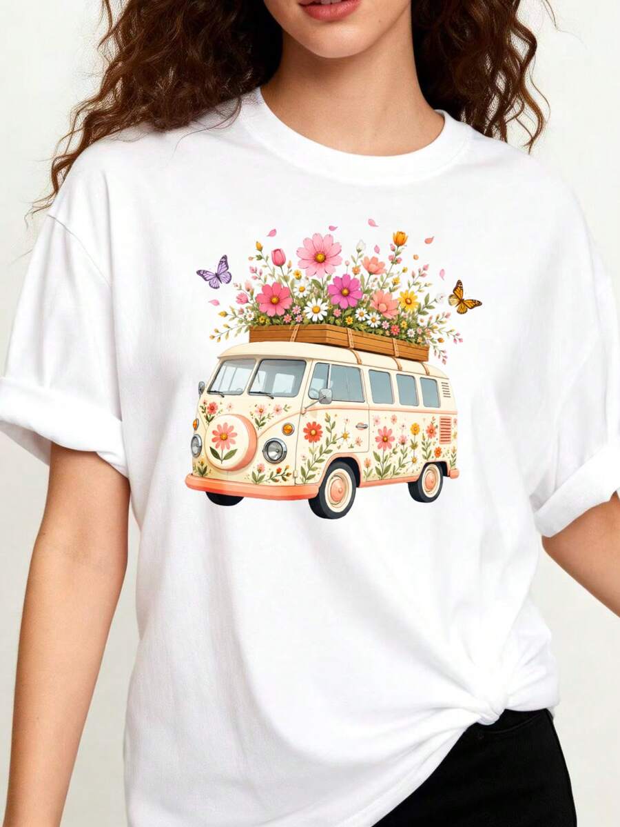 Women's Plus Size Loose Fit T-Shirt, 100% Bohemian Style - With Vintage Van Print, Butterflies And Floral Roof, Round Neck, Casual Summer Top, Ideal For Celebrations - 白色 - 查看 1