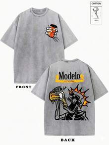Men's T-Shirt Washed T-Shirt Y2K Modelo Beer Skeleton Graphic Print Vintage Streetwear Heavyweight Oversized Casual Summer Tee - 灰色 - 查看 1