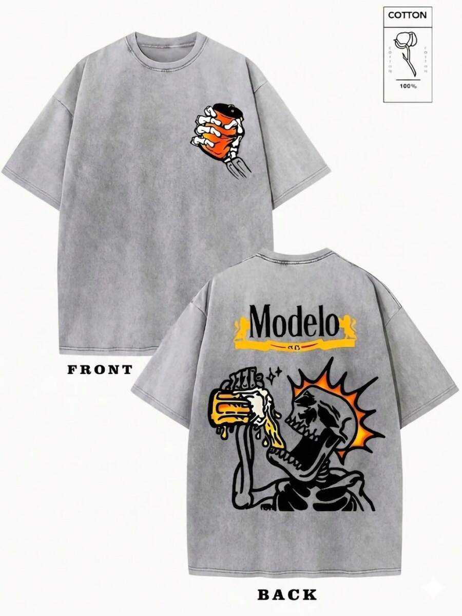 Men's T-Shirt Washed T-Shirt Y2K Modelo Beer Skeleton Graphic Print Vintage Streetwear Heavyweight Oversized Casual Summer Tee - 灰色 - 查看 1
