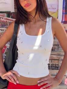 Women's Sexy Cropped Camisole Tank Top With Diamond And Ribbed Design Casual White Summer - White - View 3